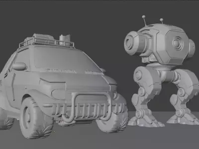 Stylized Explorer Car and Robot Companion Low-poly 3D model