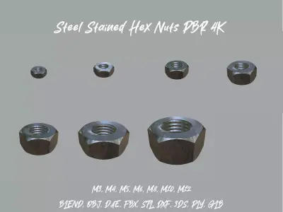 Collection of Steel Stained Hex Nuts PBR 4K Textures