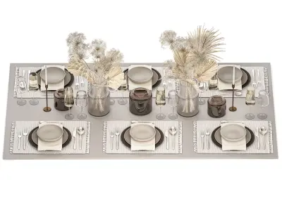 Table setting for 6 persons with a bouquet of dried flowers 3D model