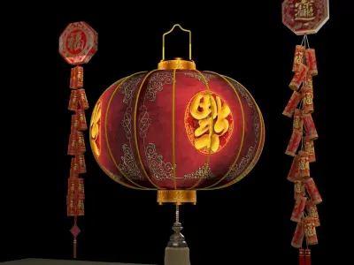 Chinese red lantern anf fire cracker 3D model