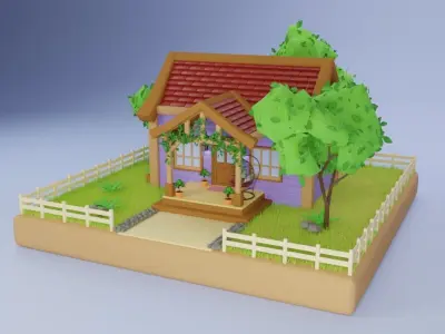 Low Poly House with Garden and Porch Low-poly 3D model