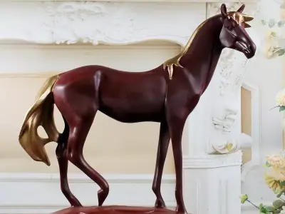 Elegant Stallion Glossy Brown Horse Statue Gold Accents Low-poly 3D model