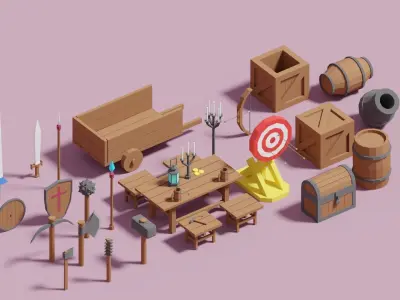 Cartoon Medieval Props Package Low-poly 3D model