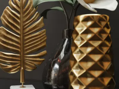 Decorative set gold leaves and vases on table 3D model