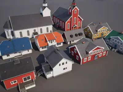 Houses and Church UE5 Set  Low-poly 3D model