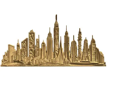 Futuristic Cityscape Relief wall panel decor set 01 3D print model