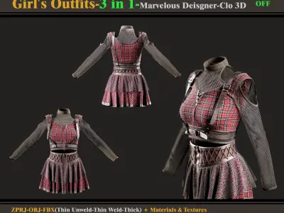 3 in 1 Girls Outfits-Models-Materials-Textures 3D model