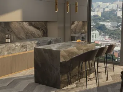 Modern Kitchen and Livingroom with decorative details 3D Model 3D model