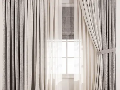 Soft Linen  Sheer Drapes with Roman Blind 3D model
