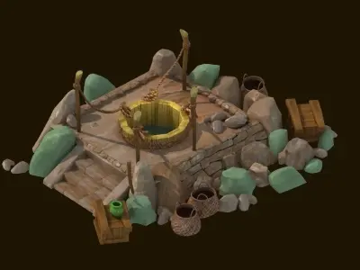 Cartoon  well stone  water vine tree fence  wooden fence 3D model