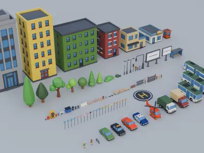 Low Poly City Asset Pack - 87 Stylized Game Ready Models Low-poly 3D model