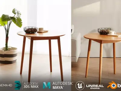 Wood round dining table 3D model