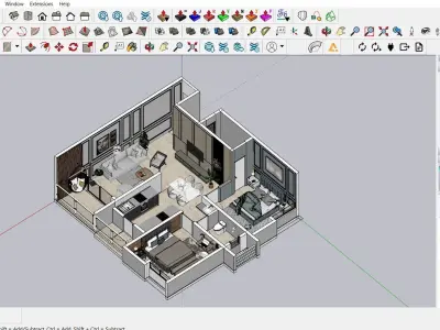 Furnished 2BHK Sample Flat Interior  Isometric 3D Model Low-poly 3D model