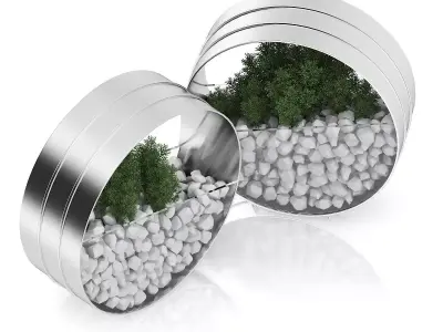 Two Plants in Round Metal Pots 3D model