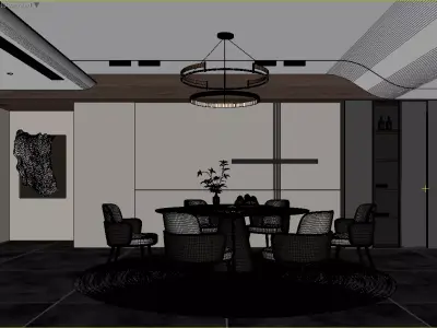 Modern Luxury Dining Room Circular Chandelier Mixed Chairs 3D model