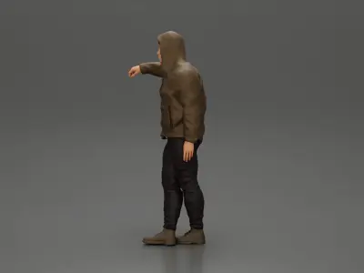 man leaning against the car wearing an open jacket with hood 3D print model