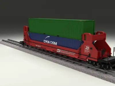 Red Train Well Car w Containers 3D model