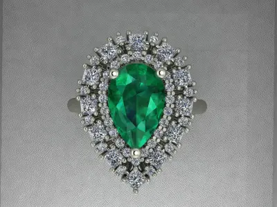Pear shape Emerald Ring with Princess cut and Round diamonds 3D print model