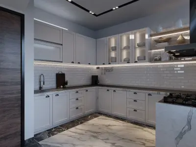 Living Room and Kitchen with Dinning Set Low-poly 3D model