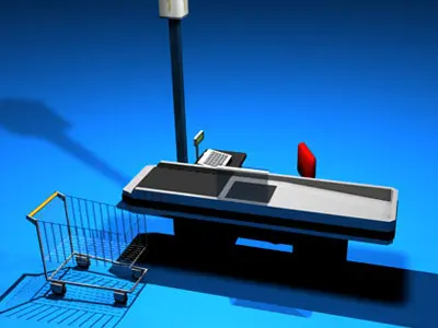 Cashtill checkout counter with shopping cart 3D model