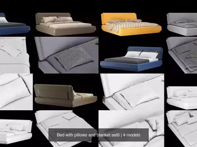 Bed with pillows and blanket 4 models of bed set 6 3D Model Collection