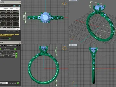 gold engagement ring 6mm central diamond 3D print model