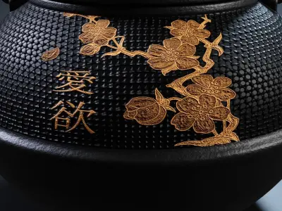 Oriental Iron Teapot - Black Green and Pink 3D model