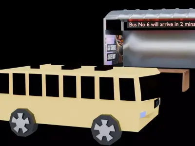  3d modeling low poly  bus and bus stop  Low-poly 3D model