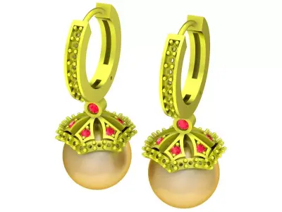 Luxury Crown Pearl Dangle Hoop Earrings Jewelry 3D Model 5872 3D print model