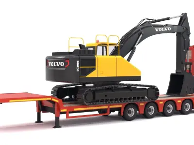 Lowboy Trailer with Excavator Volvo EC300E 3D model
