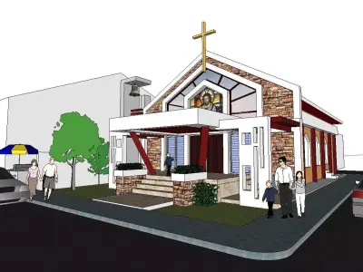 Architecture-Religion-God-Culture-Temple-0119 church with car 3D model