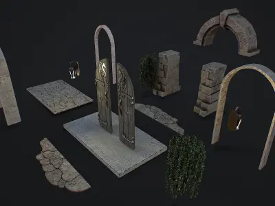 Medieval Door game ready modular 3d model Low-poly 3D model