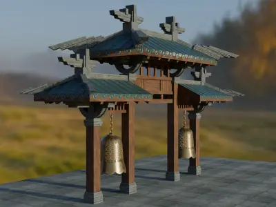 Chinese gate with bells Low-poly 3D model