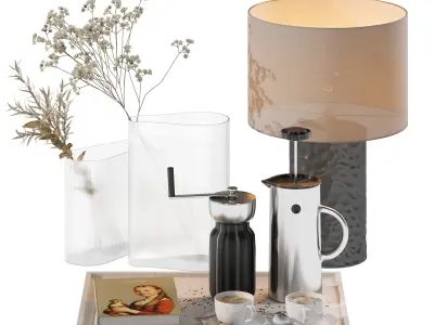 Coffee set 15 - tray pot cup books bouquet pot lamp 3D model