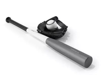 Grey And Black Aluminum Baseball Bat With Black Mitt 3D model