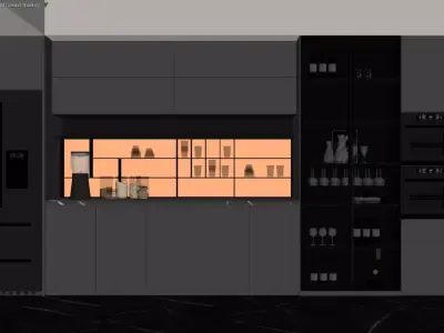 Modern Dark-Toned Kitchen with Built-In Wine Storage 3D model