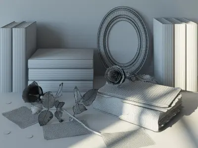 decorative set books and rose on table 3D model