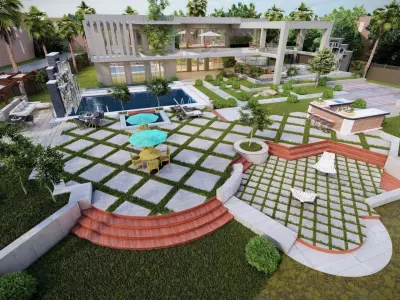 Luxury Farm house design visualization water pool 3D model