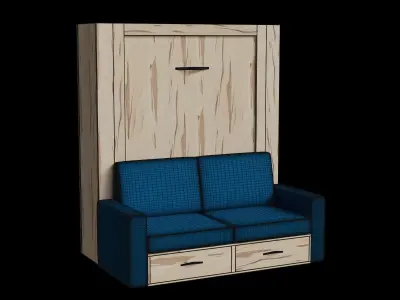 Maple Wood Blue Fabric Sofa Bed Closed 3D model