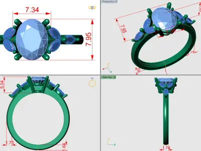 Oval shape prong ring with three marquise shaped stones on sides 3D print model