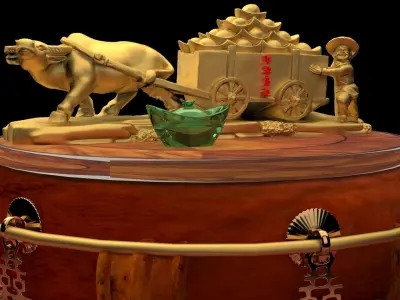 Chinese gold ingot with ox cart 3D model