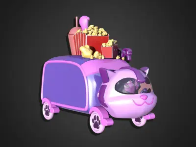 Asset - Cartoons - Food Car - Popcorn Cat Cart 3D model