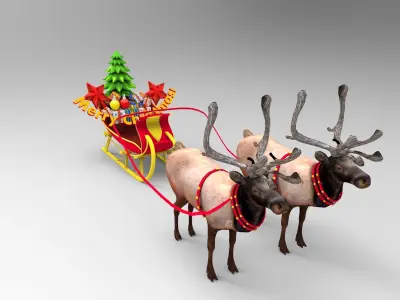 Deer Santa Sleigh Game ready  Low-poly 3D model