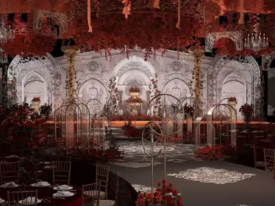 Banquet Hall with Dining Sets and Decorated Scene 3D model