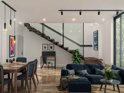 Realistic Room living and dining with stairs 3D model