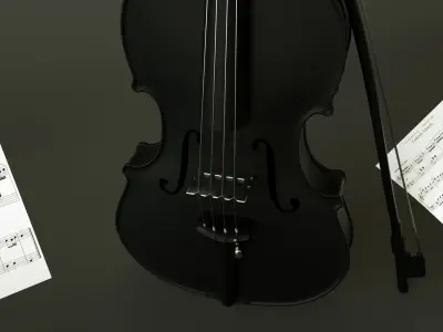 Violin 3D Model with music sheets floating in air Low-poly 3D model