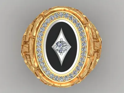 Stone Rock Wall Style Diamond Gold Man Signet Ring 3D print model