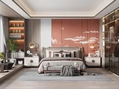  Modern luxury bedroom bed lounge chair combination 3D print model