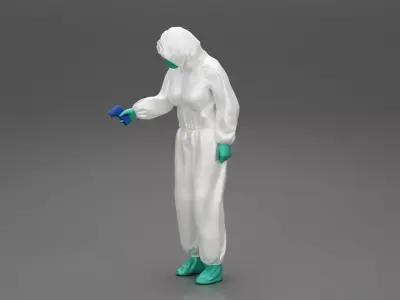 woman wearing antivirus suit standing measures the temperature 3D print model