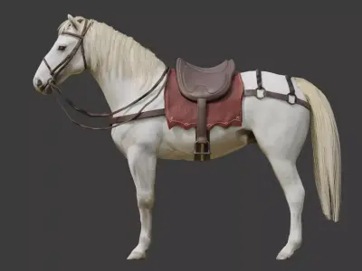 Animated White Horse with saddle Low-poly 3D model
